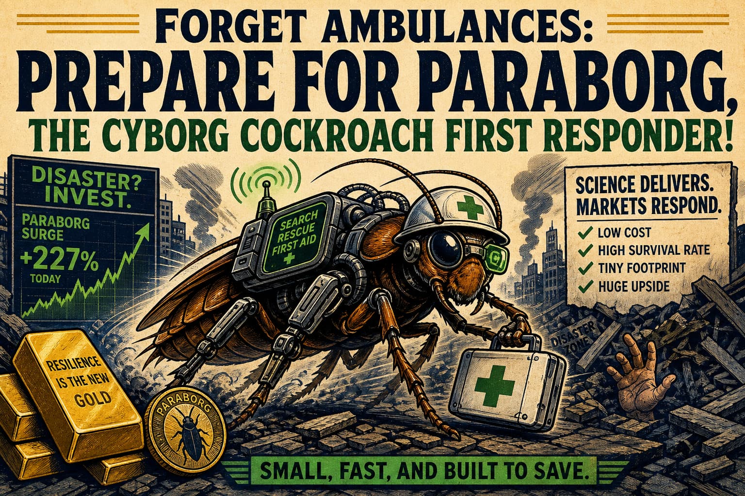 Satirical illustration: Forget Ambulances: Prepare for Paraborg, the Cyborg Cockroach First Responder!