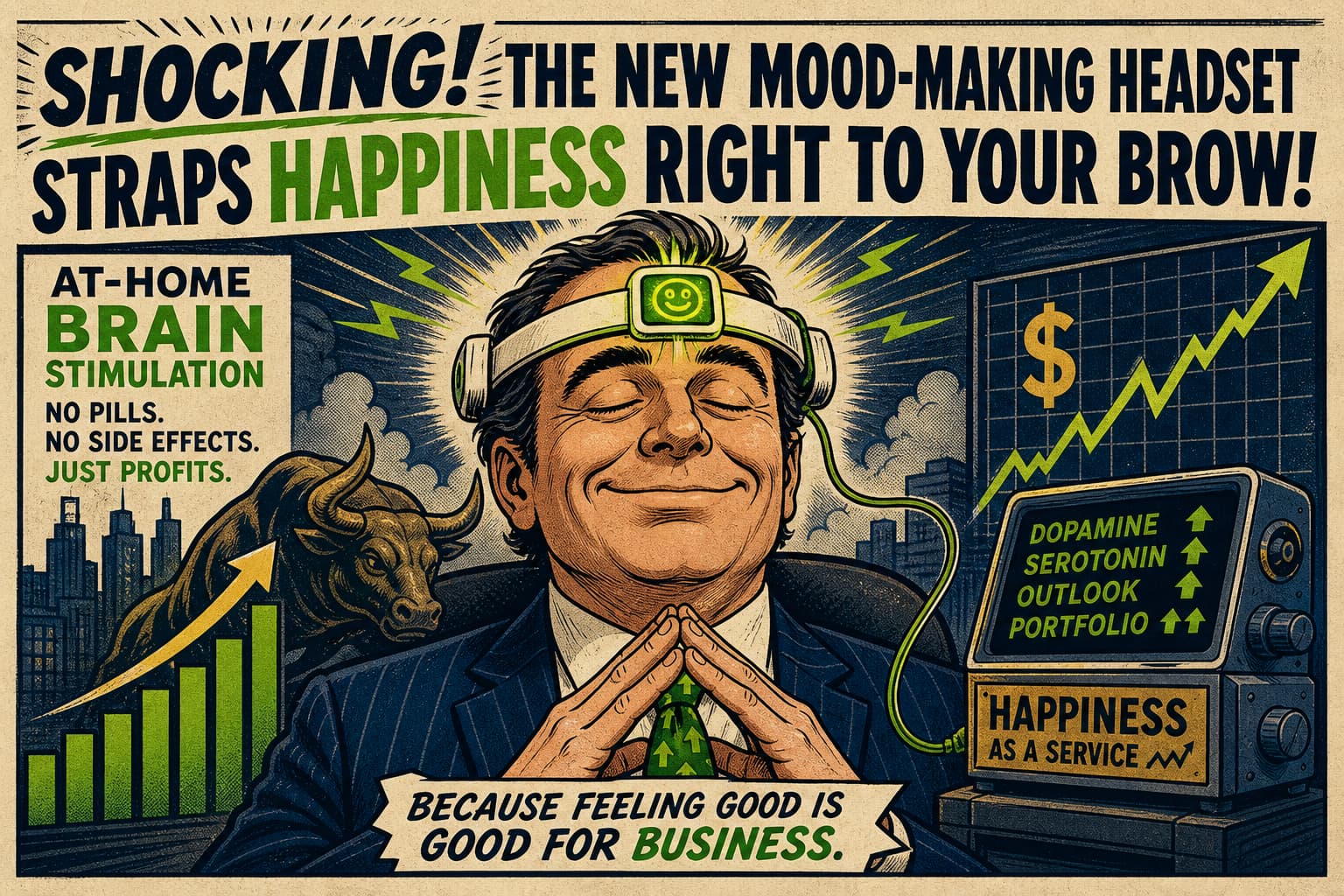 Satirical illustration: Shocking! The New Mood-Making Headset Straps Happiness Right to Your Brow!
