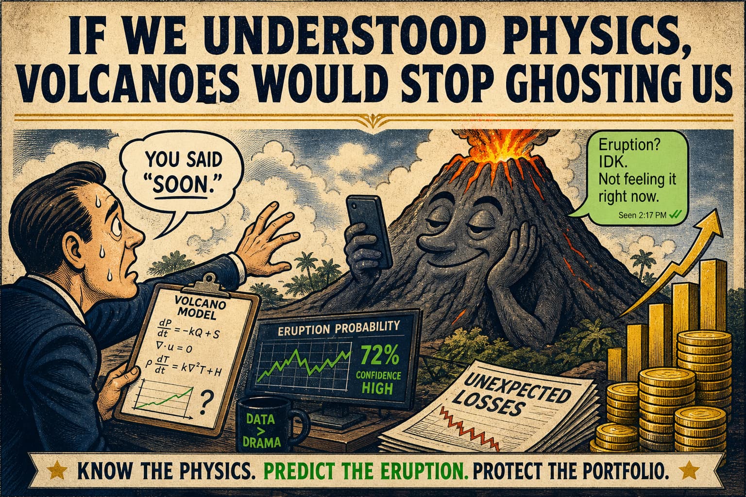 Satirical illustration: If We Understood Physics, Volcanoes Would Stop Ghosting Us