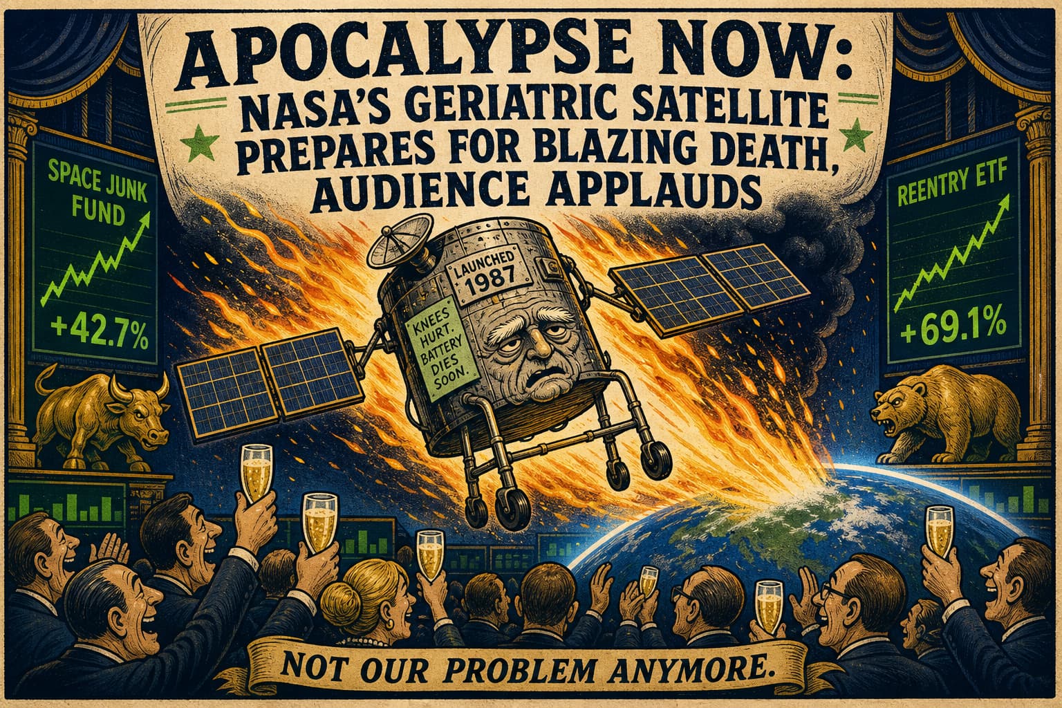 Satirical illustration: Apocalypse Now: NASA's Geriatric Satellite Prepares for Blazing Death, Audience Applauds