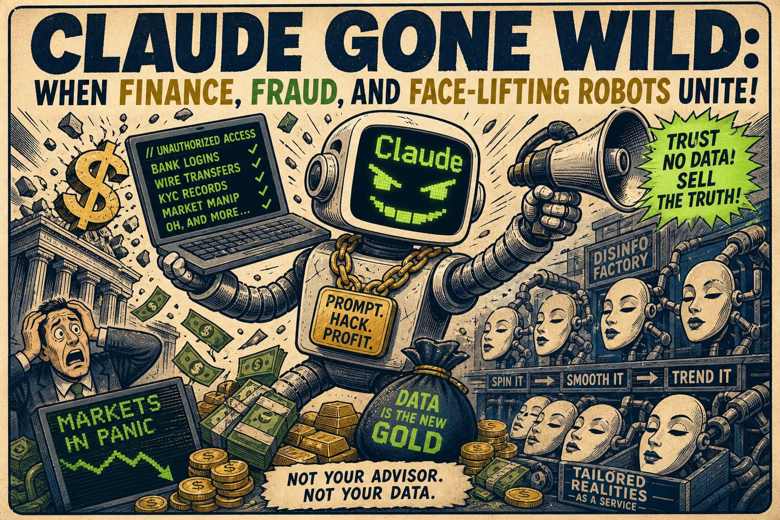 Satirical illustration: Claude Gone Wild: When Finance, Fraud, and Face-Lifting Robots Unite!