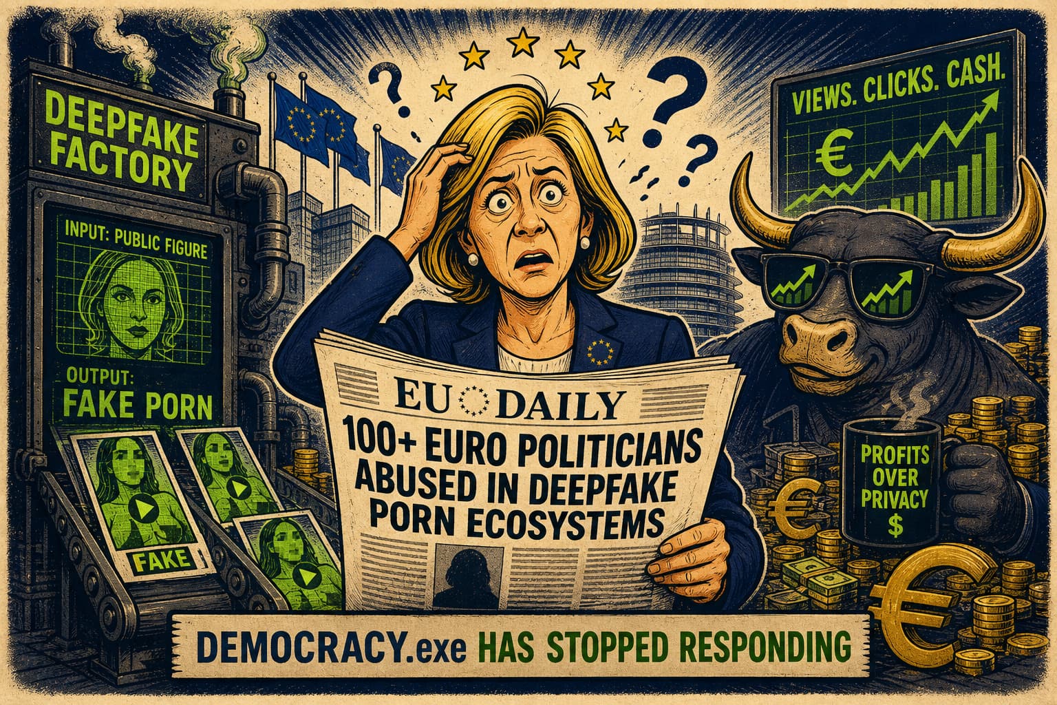 Satirical illustration: Deepfaked and Confused: Euro Politicians Awaken to a Parody of Democracy