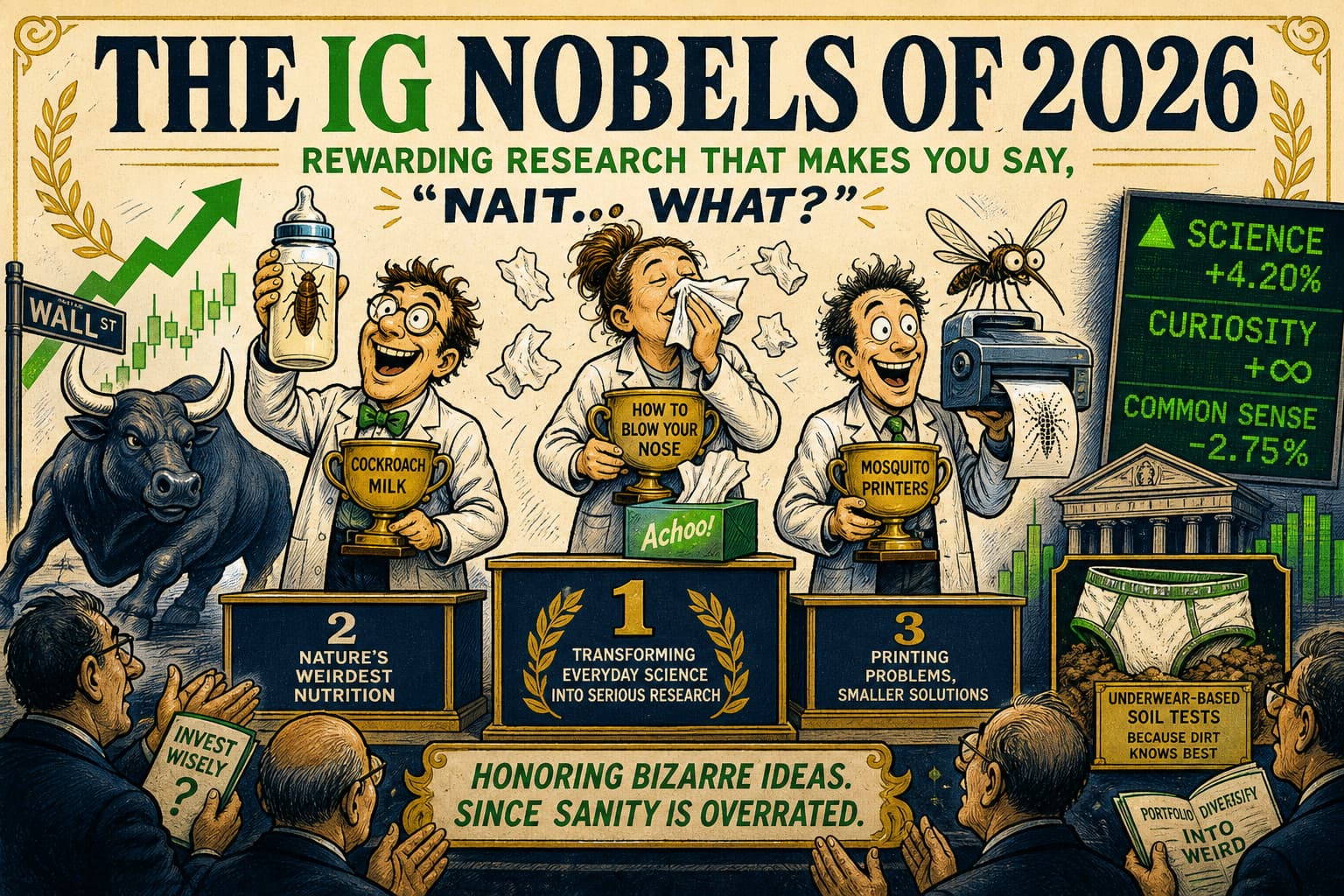Satirical illustration: Cockroach Milk, How to Blow Your Nose, and Mosquito Printers: The Ig Nobels of 2026